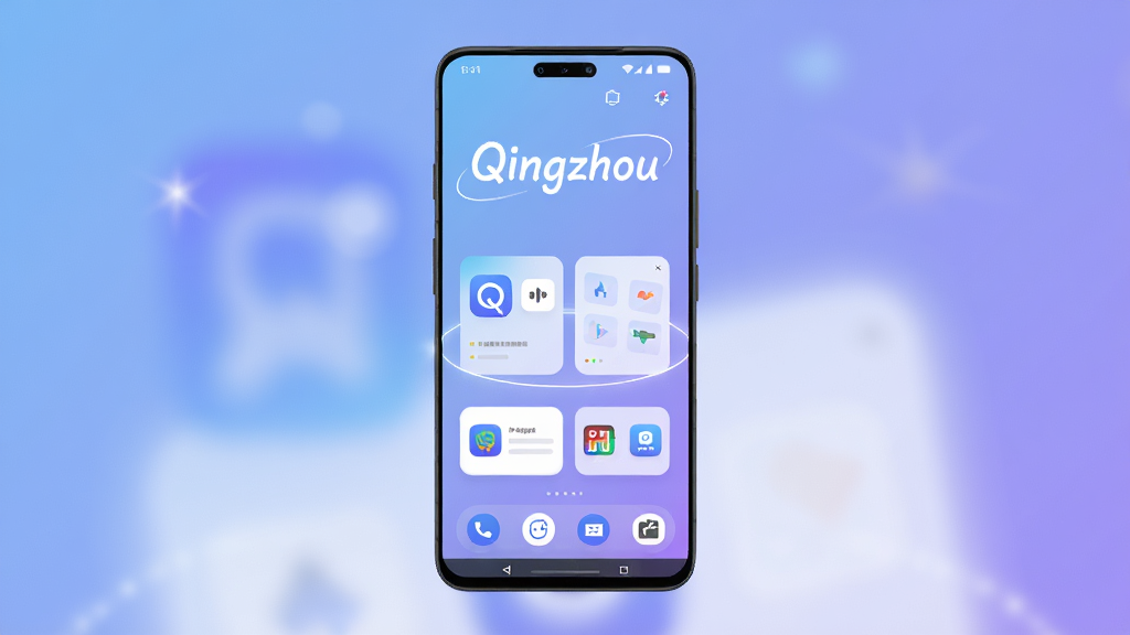 主体是一部安卓智能手机正中央展示Qingzhou应用界面,布局采用居中对称构图,排版上方留白放置