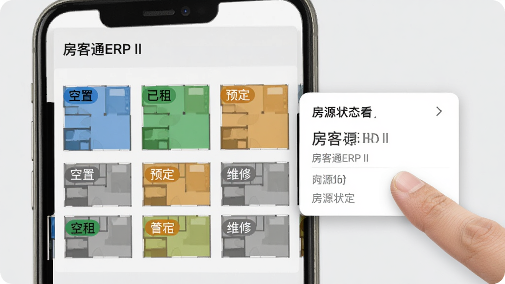 房客通ERP II房源状态看板界面,手机屏幕显示多栋楼层的房间网格图,不同房间用蓝、绿、橙、灰四色标签标注空置、已租、预定、维修状态,旁边有手指点击房间弹出详情卡片的动作,背景为浅灰色,界面清爽,文字清晰可读,画质精细