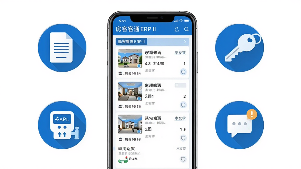房客通ERP II软件主界面展示,画面中央是一部智能手机,屏幕内呈现房源列表与账单管理模块,周围环绕着合同图标、钥匙图标、水电表图标和消息提醒图标,整体采用蓝白配色,扁平化UI风格,干净整洁,无多余装饰元素,高清画质