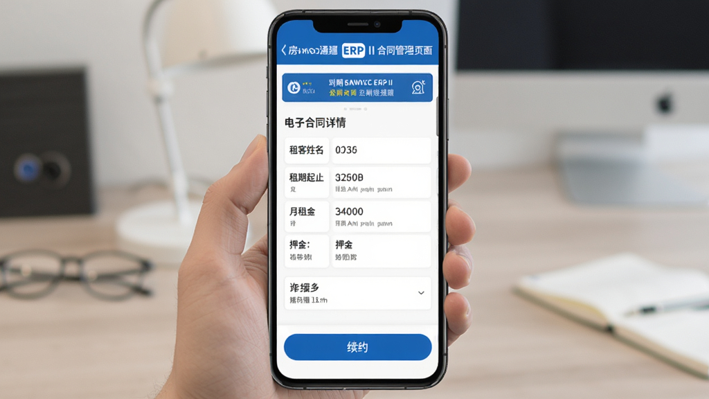 房客通ERP II合同管理页面,手机屏幕展示电子合同详情,包含租客姓名、租期起止、月租金、押金等字段,页面顶部有到期提醒横幅,底部有续约按钮,整体排版整齐,蓝白主色调,商务简洁风格,高清画质,无杂乱元素