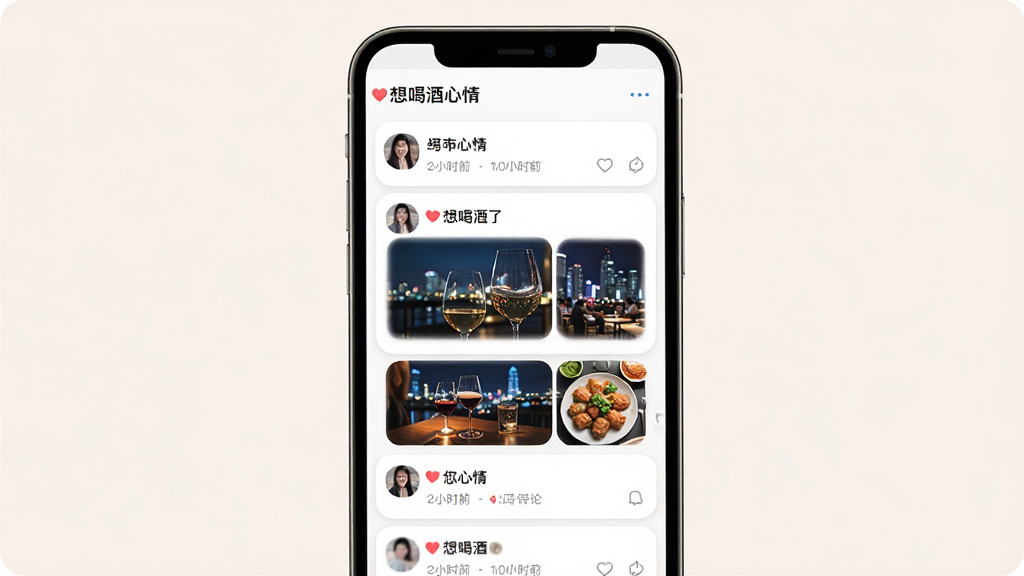 一张展示「想喝酒了」动态广场界面的图片,画面中手机屏幕显示多条用户发布的喝酒心情动态,配有酒杯、夜景、美食等小图,主体为手机竖屏展示,布局上下排列,排版整齐,风格为柔和圆角卡片设计,细节包括点赞红心、评论气泡、发布时间,画质高清,干净,无多余元素