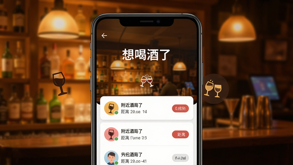 一张手机屏幕展示「想喝酒了」应用主界面,画面中央是温暖的酒吧灯光氛围,屏幕上显示附近酒局列表和碰杯图标,主体为一部竖屏安卓手机,布局居中,排版简洁,风格为现代扁平化UI设计,细节包括酒杯图标、用户头像、距离标签,画质高清,干净,无多余元素