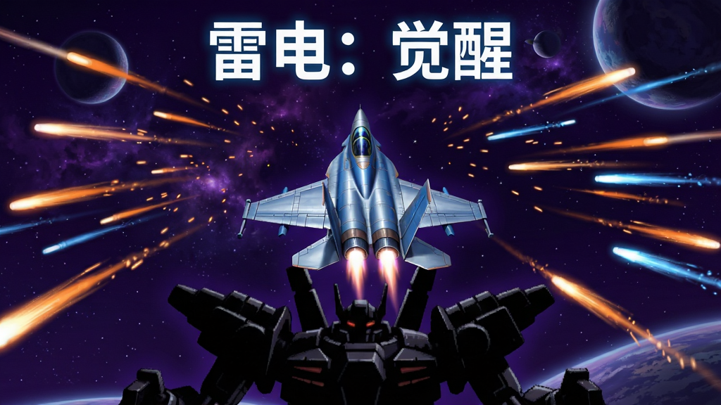 画面中央是一架银蓝色流线型战斗机在深紫色星空中穿梭,周围环绕密集的橙色与蓝色弹幕轨迹,画面下方是巨大的机械BOSS轮廓,布局采用经典竖版射击视角,风格为科幻街机风格,细节包括战机尾焰喷射光效、弹幕粒子拖尾、星空背景中的星云与远处行星,画质高清,画面干净,无多余元素,图片上方居中位置有白色发光字体写着