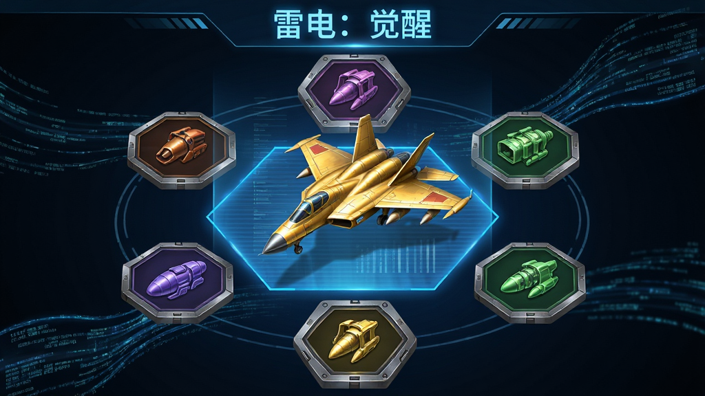画面展示一个六边形科技感UI界面,中央是一架金色SP战机悬浮在蓝色全息投影中,周围环绕六个不同颜色的挂载装备图标,布局呈环形放射状,风格为未来科技界面风,细节包括全息投影的扫描线纹理、挂载图标的金属质感边框、背景中流动的数据流线条,画质清晰,画面干净,界面顶部有
