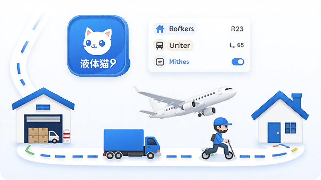 画面中央为一条物流运输路线图,起点为仓库图标,终点为家庭住址图标,中间有货车、飞机、快递员等元素连接。路线上方漂浮着“液体猫”应用图标与订单卡片。风格为简洁信息图,配色以蓝白为主,细节清晰,画质干净,无多余元素。