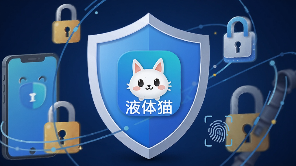 画面中央为一把盾牌图标,盾牌表面有“液体猫”应用图标,盾牌周围环绕着手机、锁、指纹识别等元素。背景为深蓝色渐变,风格为安全科技插画,细节清晰,画质干净,无多余元素。