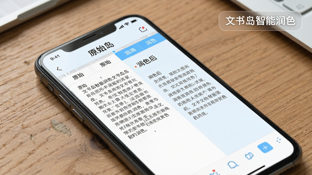一幅展示文书岛智能润色功能的场景图,画面中一部手机放置在木质桌面上,屏幕显示文书岛应用内的文字编辑界面,左侧是原始文本,右侧是润色后的文本对比,界面配色以白色和浅蓝色为主,风格简约商务,细节清晰,画质干净,图中文字标注“文书岛智能润色”