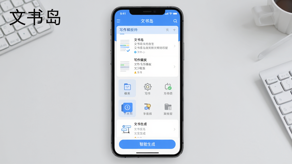 一张展示文书岛软件界面的手机预览图,画面中央是一部竖屏智能手机,屏幕上显示文书岛应用的主界面,界面中包含文档列表、写作模板分类和智能生成按钮,整体布局简洁清晰,采用蓝白配色风格,背景为浅灰色桌面环境,画质清晰干净,无多余元素,图中文字标注“文书岛”