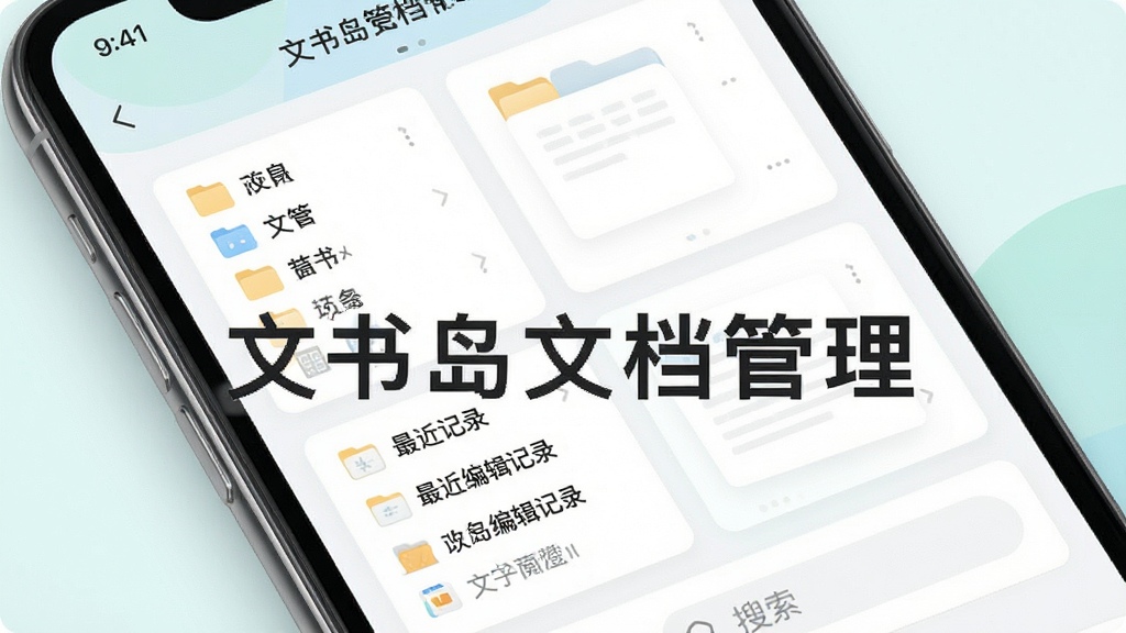 一张展示文书岛文档管理界面的效果图,画面为手机屏幕特写,屏幕中显示文书岛应用的文档列表页面,包含文件夹分类、最近编辑记录和搜索栏,界面采用卡片式布局,色调柔和清新,风格简洁现代,画质清晰,无杂乱元素,图中文字标注“文书岛文档管理”
