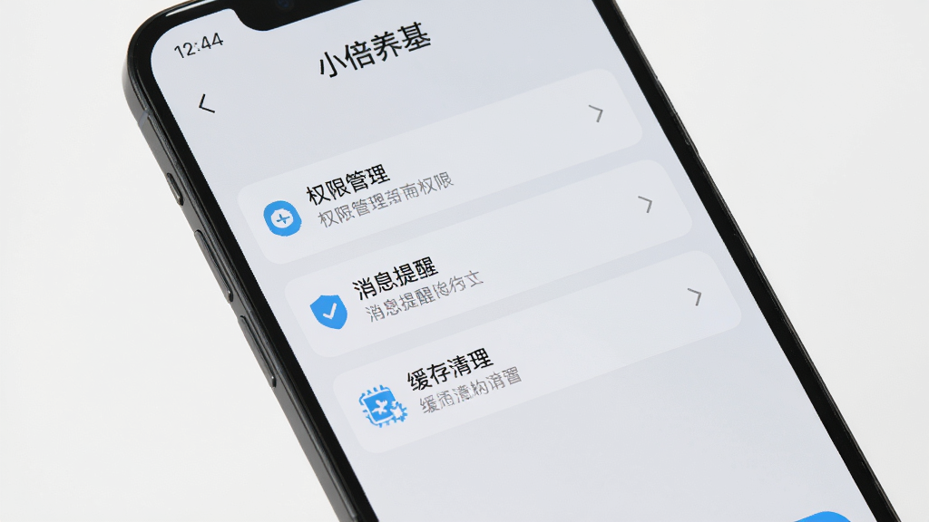 手机屏幕显示“小倍养基”设置页面,包含权限管理、消息提醒、缓存清理等选项,背景为浅灰色,布局清晰,风格简约,细节干净,画质高清,无多余元素