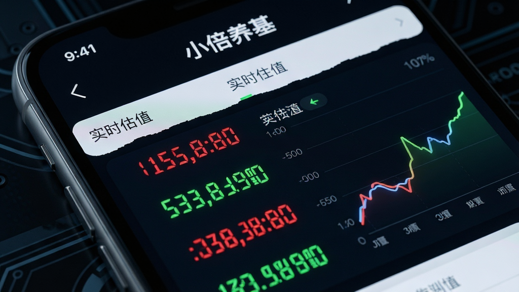 手机屏幕特写,显示“小倍养基”实时估值页面,红色与绿色数字交替排列,旁边有动态折线图,背景为深色科技风,布局简洁,风格写实,细节丰富,画质清晰,干净无多余元素
