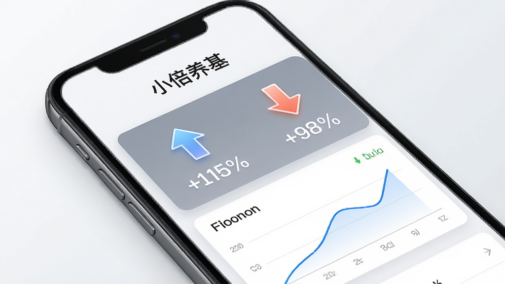 手机界面展示“小倍养基”涨跌预判功能,屏幕上有向上和向下的箭头图标,配合百分比数字和简洁图表,背景为白色与浅灰色搭配,布局清晰,风格商务简洁,细节精致,画质高清,干净无多余元素