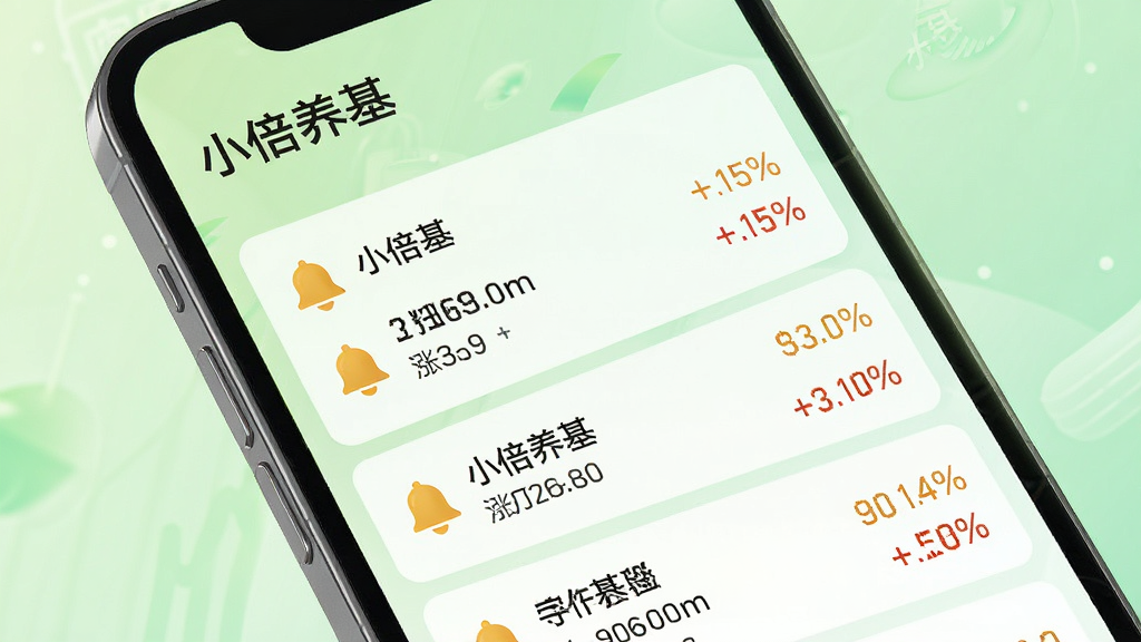 手机屏幕显示“小倍养基”自选基金列表,每只基金旁边有铃铛图标和涨跌百分比,背景为浅绿色渐变,布局整齐,风格清新,细节清晰,画质高清,干净无多余元素
