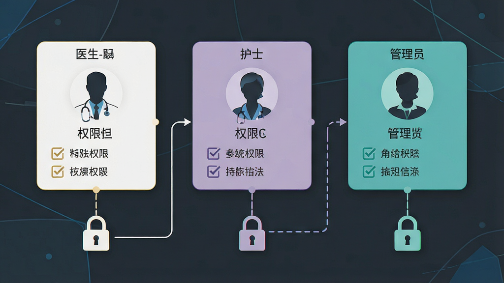 一张展示多角色权限管理界面的示意图,画面主体是三个不同颜色的角色卡片分别标注医生、护士和管理员,布局为横向排列,排版上卡片下方连接着锁形图标,风格为简洁商务信息图风格,细节包括权限勾选框、角色头像剪影和连接线,画质清晰,干净,无多余元素
