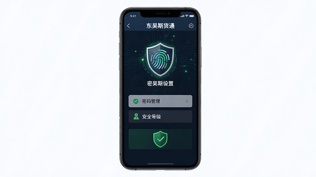 手机屏幕展示东吴期货通APP的安全设置页面,主体为竖屏手机,屏幕内显示指纹识别图标、密码管理选项与安全等级提示,布局为居中排列,风格为安全科技感,细节包含盾牌图标、绿色安全标识,画质高清干净无多余元素