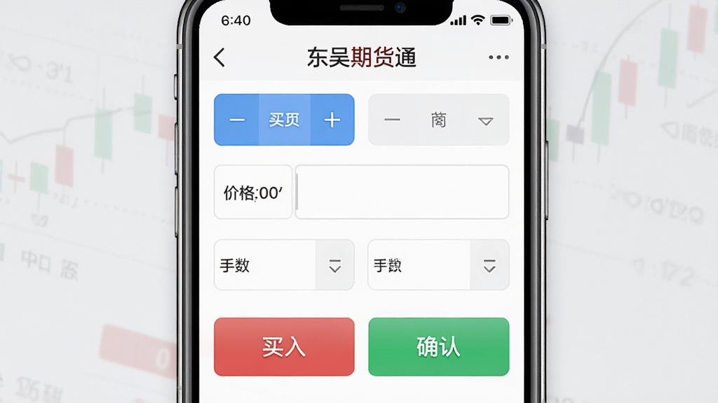 手机屏幕展示东吴期货通APP的交易下单界面,主体为竖屏手机,屏幕内显示买卖方向选择、价格输入框、手数选择与确认下单按钮,布局为上下结构,风格为简洁金融工具界面,细节包含红色买入按钮与绿色卖出按钮,画质高清干净无多余元素
