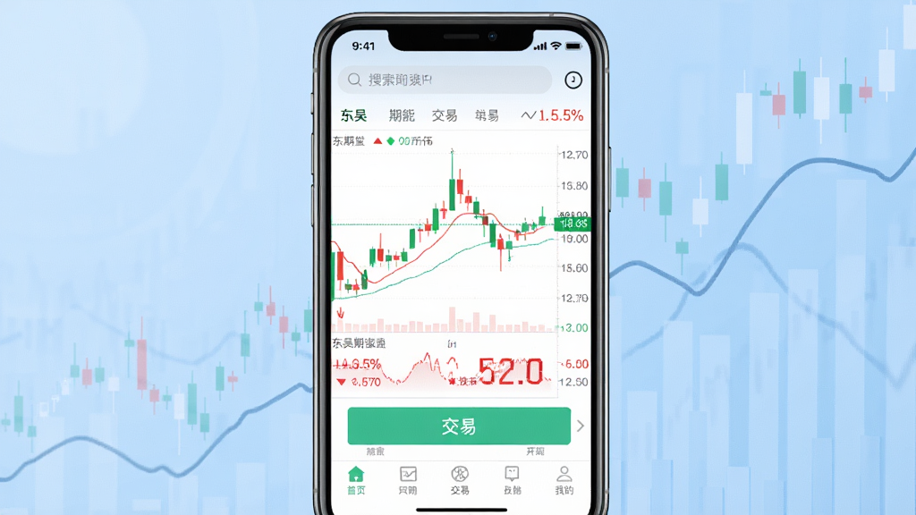 一张手机屏幕展示东吴期货通APP主界面的场景图,主体是一部竖屏智能手机,屏幕内显示期货行情K线图与交易按钮,布局居中,背景为浅蓝色渐变金融风格,排版简洁清晰,风格为现代科技感,细节包含红绿涨跌数据、底部导航栏、顶部搜索框,画质高清干净无多余元素