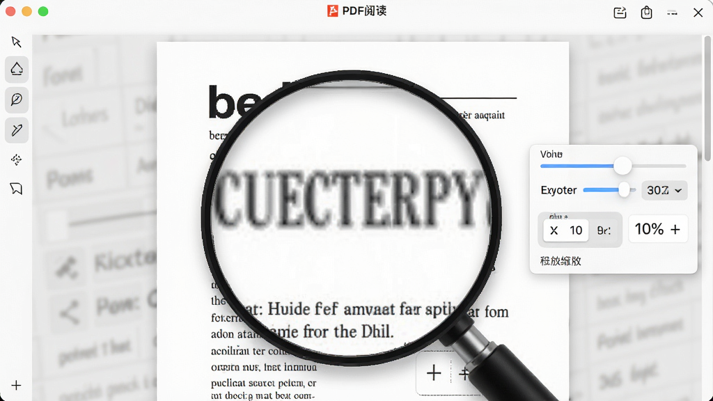 һ��չʾ����PDF�Ķ����������Ź��ܵ�ͼƬ����������������������PDFҳ�汻�Ŵ���ʾ���Ա������ű���ѡ��˵����������������Ϊ��๤���������棬ϸ�ڰ������Ż��顢�ٷֱ����֡�ҳ�����ݷŴ����������֣����ʸ��壬�ɾ����޶���Ԫ��