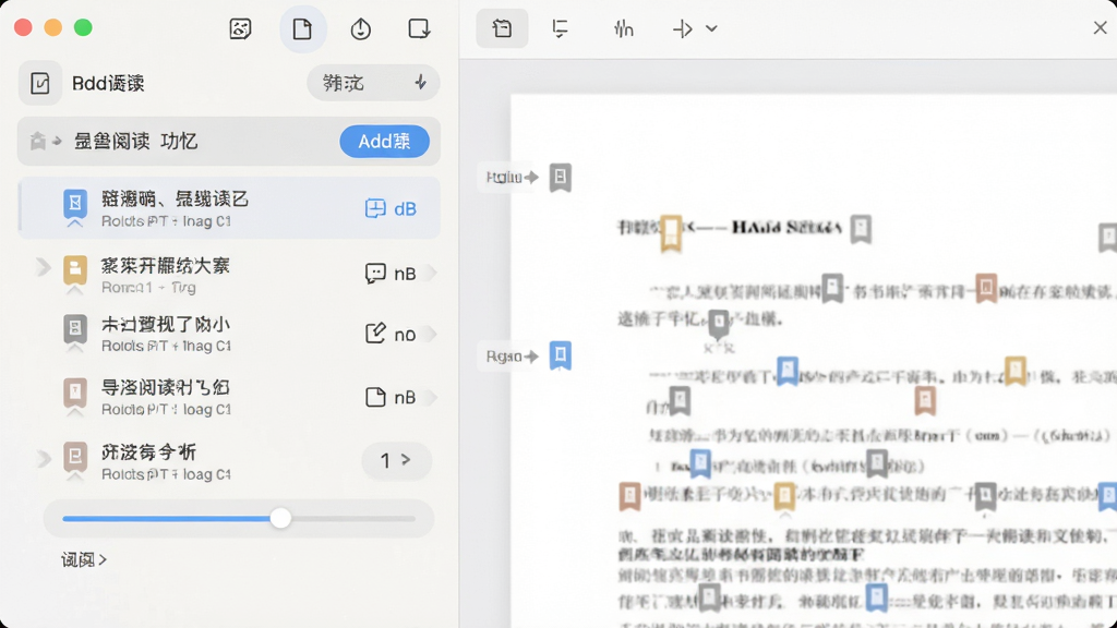 һ��չʾ����PDF�Ķ�����ǩ���Ķ����书�ܵ�ͼƬ�����������������������ʾ�����ǩ��Ŀ���Ա�PDFҳ������ǩ���ͼ�꣬�������࣬���Ϊ���ǳɫ�칫�������棬ϸ�ڰ�����ǩ�б���������ǩ��ť���Ķ������������ʸ��壬�ɾ����޶���Ԫ��