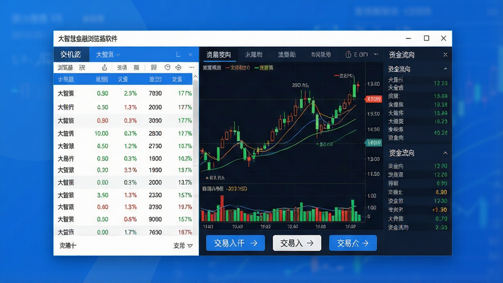 一张展示大智慧金融浏览器软件主界面的预览图,画面中央是软件窗口,左侧显示股票行情列表,右侧展示K线图表与资金流向数据面板,底部有交易入口按钮,整体布局清晰,风格为现代金融软件界面,蓝色与白色为主色调,画质干净清晰,无多余元素