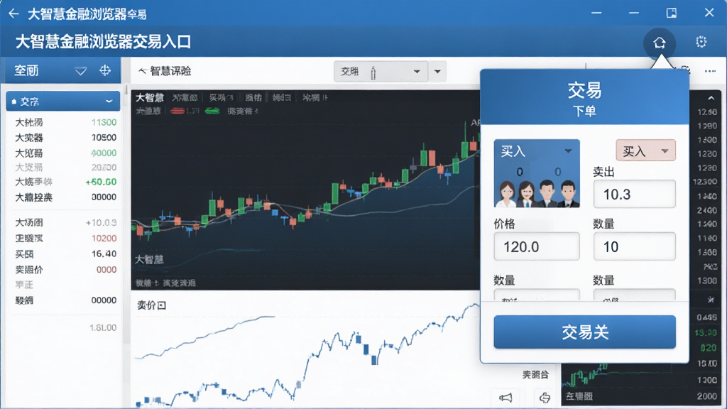 大智慧金融浏览器交易入口界面展示图,画面中行情页面右侧悬浮一个交易按钮,点击后弹出下单面板,面板中包含买入卖出价格与数量输入框,整体风格为简洁金融工具界面,配色以蓝白灰为主