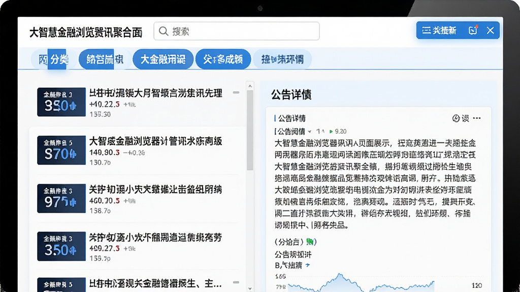 大智慧金融浏览器资讯聚合页面展示图,画面左侧为新闻列表,右侧为公告详情阅读区域,顶部有搜索栏与分类标签,整体排版清晰,风格为金融资讯类界面,白色背景搭配蓝色高亮,画面干净整洁