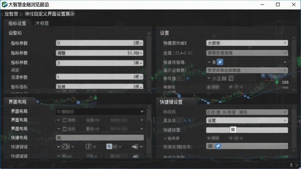 大智慧金融浏览器自定义界面设置展示图,画面中显示软件设置面板,包含指标参数调整、界面布局选项与快捷键设置,界面风格为专业金融软件设置页,布局规整,文字清晰