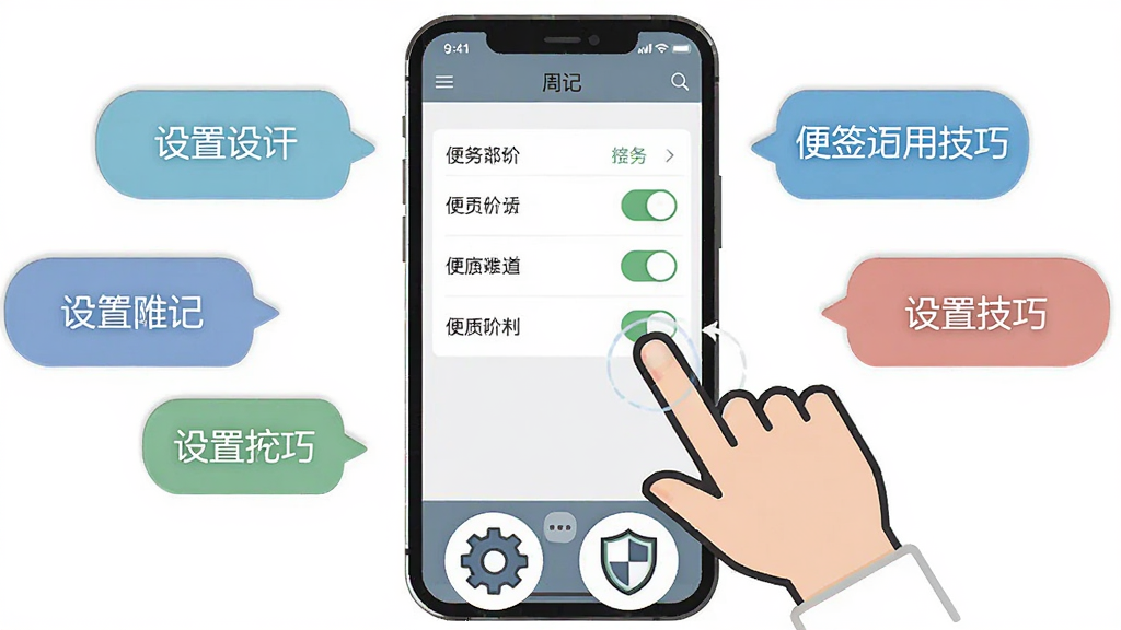 便签周记移动端使用技巧展示,画面中一部手机显示便签周记设置界面,旁边有手指点击屏幕的示意,手机下方有齿轮图标和盾牌图标,布局上手机居中,周围环绕设置选项气泡,风格为扁平化教学插画,细节包括设置项文字、开关按钮、手指轮廓,画质清晰,干净,无多余元素