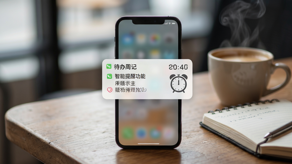 便签周记智能提醒功能展示,画面中一部手机弹出提醒通知,通知卡片上显示待办事项和时钟图标,手机放在木质桌面上,旁边有一杯咖啡和笔记本,布局上手机居中,背景虚化,风格为写实生活风,细节包括通知卡片上的文字线条、时间数字、咖啡杯热气,画质清晰,干净,无多余元素