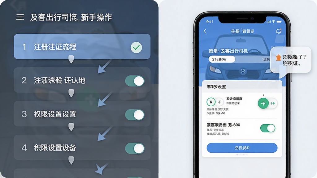 及客出行司机端新手操作界面截图,主体为手机屏幕展示注册认证流程和权限设置页面,布局为左右分栏,左侧为步骤列表,右侧为手机界面示意,排版清晰有引导性,风格为教程图解风,细节包括勾选图标、权限开关、提示气泡,画质高清,干净,无多余元素
