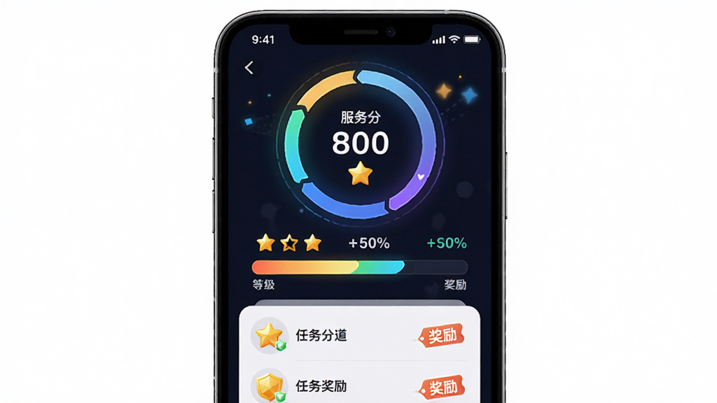 及客出行司机端服务分成长体系界面图,主体为手机屏幕显示服务分仪表盘和等级勋章,布局为居中构图,上方为分数环形图,下方为等级进度条和任务列表,排版清晰有激励感,风格为游戏化UI设计风,细节包括星级图标、进度百分比、奖励标签,画质高清,干净,无多余元素
