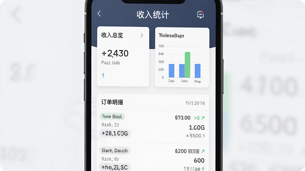 及客出行司机端收入统计页面展示图,主体为手机屏幕显示收入明细列表和柱状图,布局为上下结构,上方为收入总览卡片,下方为订单明细列表,排版整齐规范,风格为商务数据可视化风,细节包括金额数字、日期标签、趋势箭头,画质高清,干净,无多余元素
