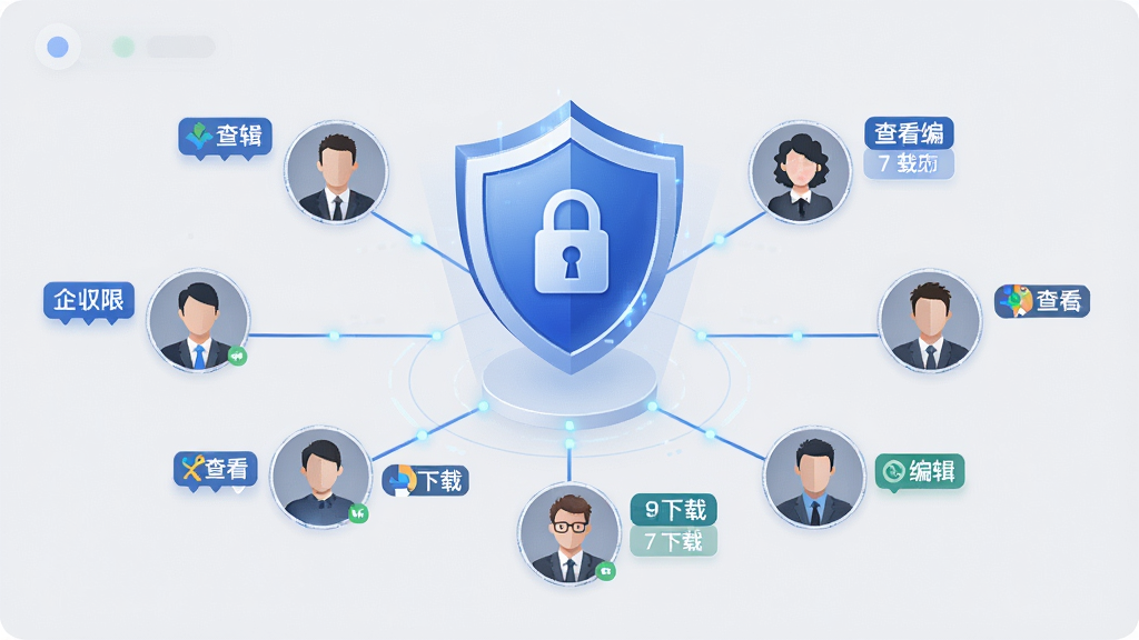 百度企业网盘权限管理界面示意图,画面主体为一个悬浮的盾牌图标与多个用户头像通过线条连接,布局为环绕式,排版清晰展示权限层级,风格为商务安全风,细节上盾牌表面有锁形图案,不同用户头像旁标注不同权限标签如查看编辑下载等,画质为2K高清,画面干净,无多余元素,背景为浅灰色。