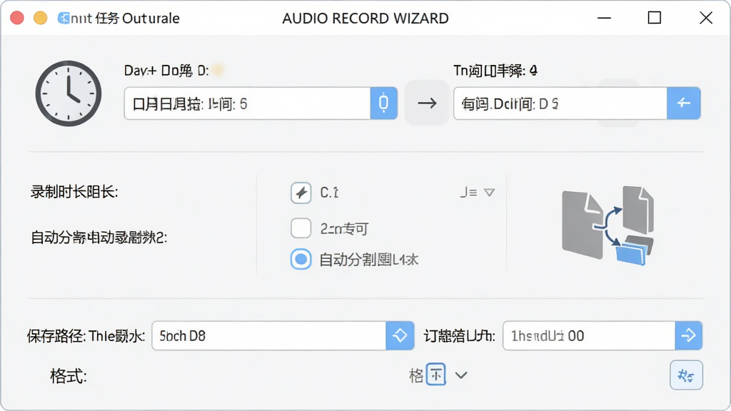 Audio Record Wizard 定时录制设置界面,主体为软件定时任务配置窗口,布局上方为日期与时间选择器,中部为录制时长与自动分割选项,下方为保存路径与格式选择,排版规整,风格为商务简约浅色系,细节包含时钟图标与文件分割示意图,画质高清,干净,无多余元素