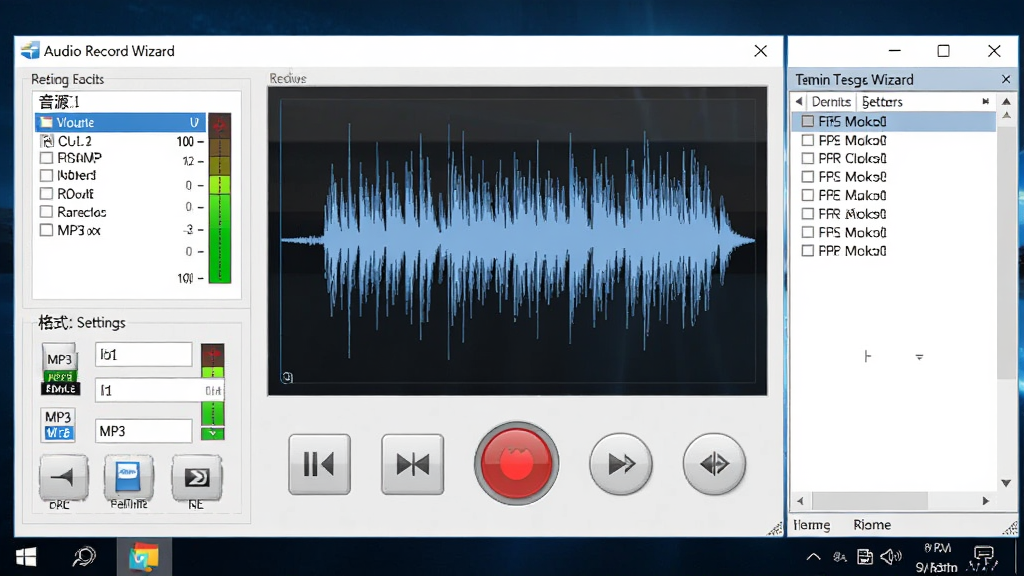 软件界面全貌展示,主体为 Audio Record Wizard 录音软件运行窗口,布局中央为波形显示区与录音控制按钮,左侧为音源选择与格式设置面板,右侧为文件列表与定时任务栏,排版清晰紧凑,风格为现代 Windows 桌面应用写实风格,细节包含音量电平表、红色录音按钮、MP3 格式图标,画质高清,干净,无多余元素