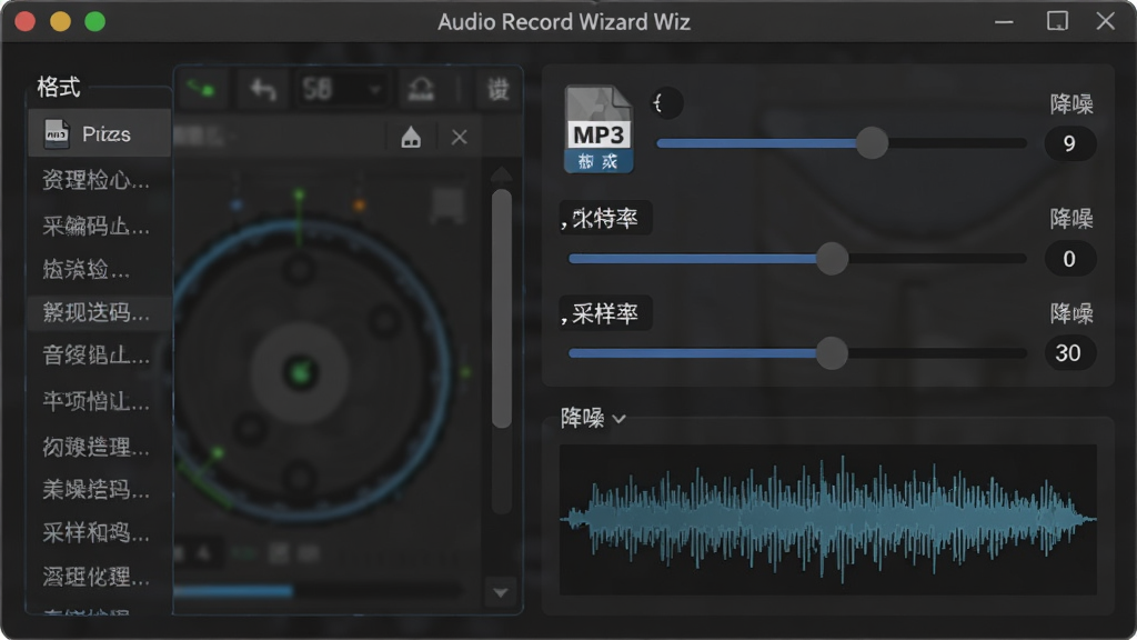 Audio Record Wizard 音频编码参数设置面板,主体为软件参数调节窗口,布局左侧为格式选择列表,右侧为比特率、采样率滑动条与降噪开关,排版紧凑,风格为深色专业音频软件风格,细节包含 MP3 格式图标与波形预览,画质高清,干净,无多余元素