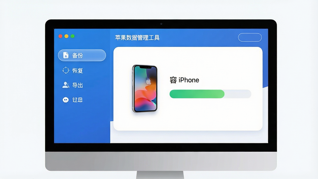 一张展示牛学长苹果数据管理工具软件界面的图片,主体为电脑屏幕上显示的软件主界面,界面左侧为功能导航栏包含备份、恢复、导出等选项,右侧为设备信息展示区显示iPhone图标与存储容量条,布局采用左右分栏设计,排版整齐清晰,风格为现代简约科技风,细节上界面配色以蓝白为主,按钮带有圆角高光效果,设备图标精致立体,画质高清干净无多余元素