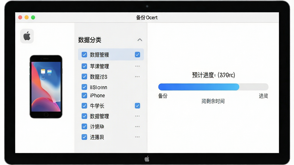 一张展示牛学长苹果数据管理工具备份功能的图片,主体为电脑屏幕上软件备份界面,左侧显示iPhone设备图标与数据分类勾选列表,右侧显示备份进度条与预计剩余时间,布局采用左右分栏,排版清晰,风格为扁平化科技风,细节上进度条为蓝色渐变,勾选框带有对勾标记,界面文字为中文,画质高清干净无多余元素