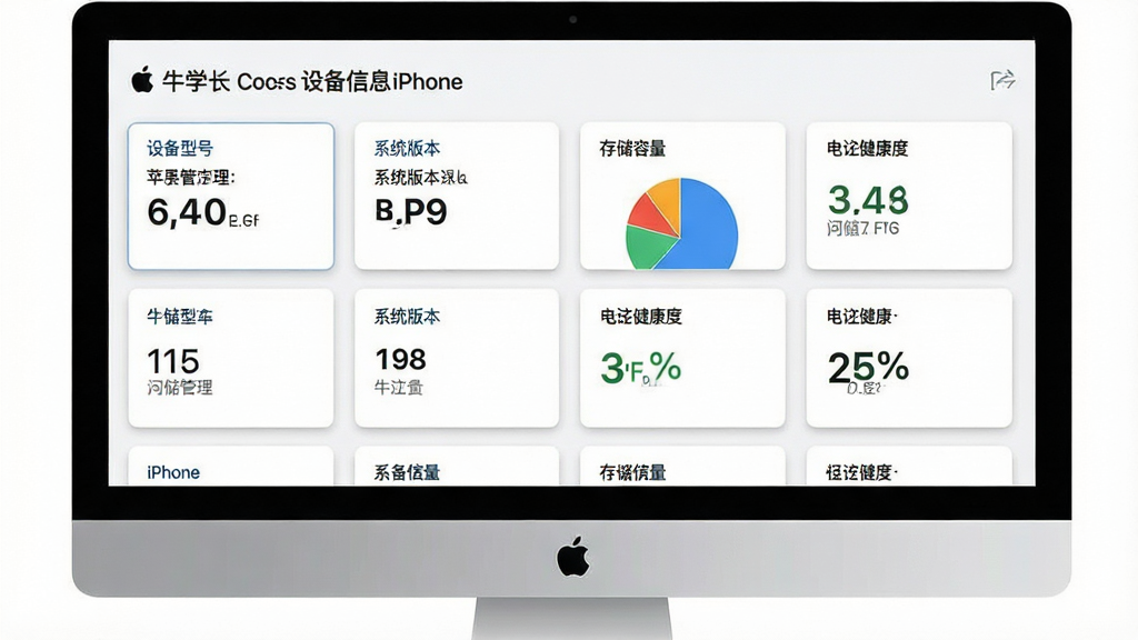 一张展示牛学长苹果数据管理工具设备信息管理界面的图片,主体为电脑屏幕上显示iPhone设备详细信息面板,包含设备型号、系统版本、存储容量饼图、电池健康度百分比等数据卡片,布局采用网格卡片式排版,风格为清新简约风,细节上卡片带有轻微阴影,数据文字清晰易读,配色以白底蓝字为主,画质高清干净无多余元素