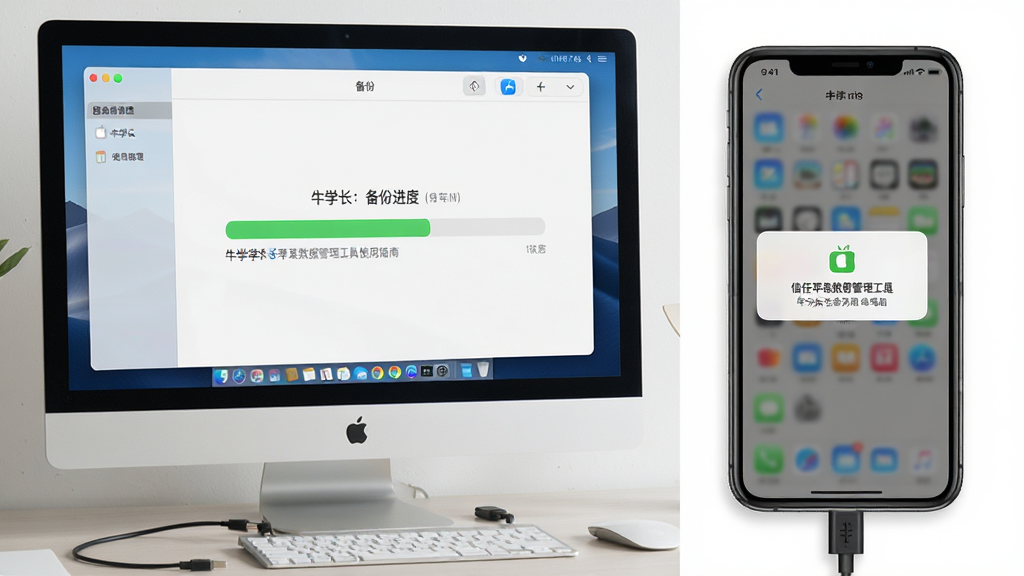 一张展示牛学长苹果数据管理工具使用指南的图片,主体为电脑屏幕上软件操作界面与iPhone手机并排展示,电脑屏幕显示备份进度条,手机屏幕显示信任此电脑弹窗,布局为左右对比构图,排版清晰,风格为写实科技风,细节上数据线连接电脑与手机,界面文字为中文,画质高清干净无多余元素