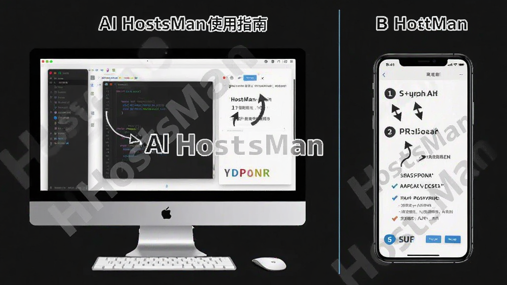 AI生成图片,主体是HostsMan使用指南示意图,布局为左侧电脑屏幕右侧手机屏幕对比展示,排版上下结构,风格教程说明图,细节包括操作步骤编号、箭头指示和