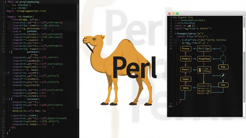Perl编程语言官方标志与代码编辑界面全貌展示,主体为Perl骆驼标志与终端窗口,布局采用左右分栏左侧代码右侧输出结果,排版整洁有序,风格为现代科技感扁平化设计,细节包含彩色代码高亮、正则表达式示例、文件处理流程图示,画质高清干净无多余元素