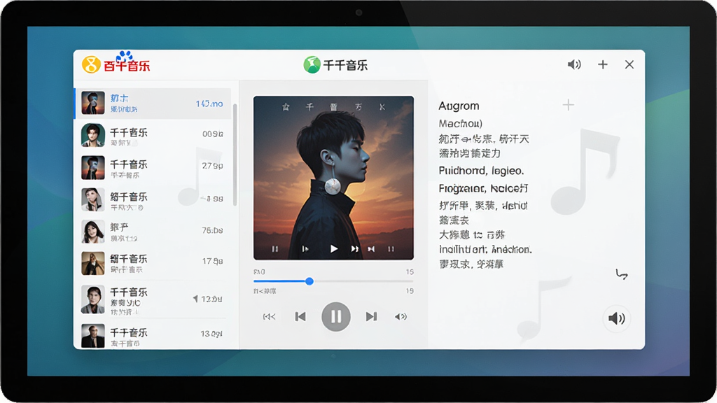 千千音乐(原百度音乐)软件主界面展示,主体为电脑屏幕上的音乐播放器窗口,布局左侧为歌单列表右侧为专辑封面和歌词区域,排版整齐清晰,风格现代简约科技感,细节包含播放控制按钮进度条音量调节图标,画质高清干净无多余元素