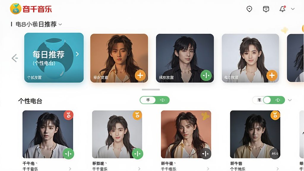 千千音乐(原百度音乐)智能推荐与个性电台界面,主体为软件推荐页面,布局上方为每日推荐横滑卡片下方为个性电台列表,排版活泼有序,风格温暖舒适,细节包含专辑封面播放次数标签切换按钮,画质高清干净无多余元素