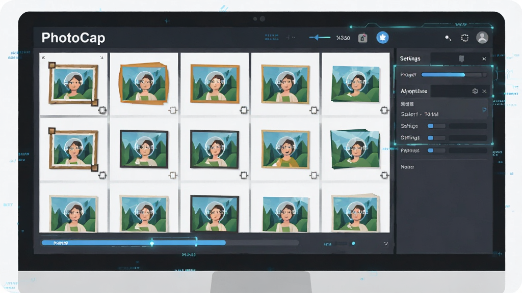 一张展示 PhotoCap 批量处理功能的示意图,主体是电脑屏幕上排列整齐的多张照片缩略图,布局为网格状,排版展示正在被统一添加相框和水印的过程,风格为科技感扁平插画,细节上突出进度条和设置面板,画质清晰,干净,无多余元素