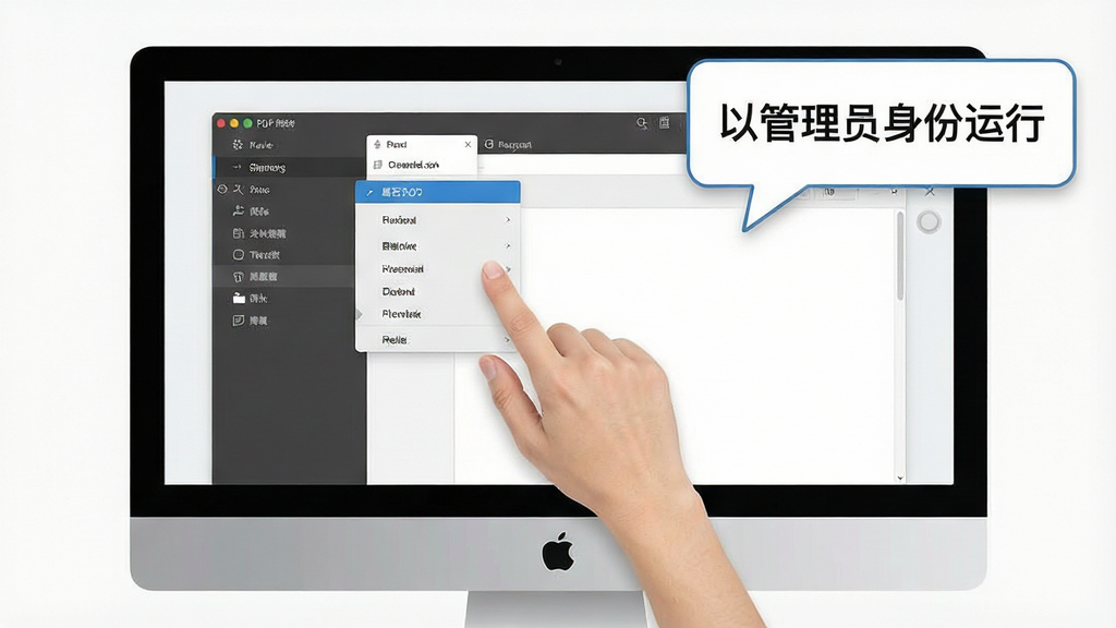 一张展示磐石PDF编辑器使用技巧的示意图,画面中电脑屏幕上显示软件操作界面,旁边有一只手正在点击菜单选项,画面角落有提示气泡写着“以管理员身份运行”,整体风格简洁明了,细节清晰,画质高清,干净无多余元素
