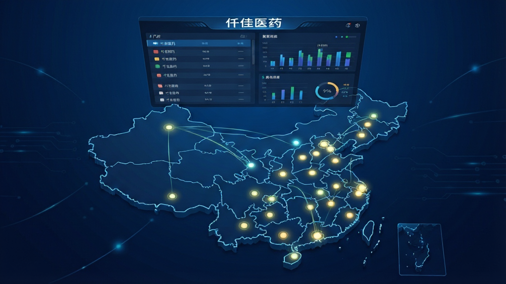 画面中央展示一幅抽象的中国地图轮廓,地图上分布多个发光节点代表不同门店,节点之间用细线连接,地图上方悬浮“仟佳医药”多门店管理界面,界面包含门店列表与数据汇总图表,背景为深蓝色科技感渐变,布局以地图为中心,风格为数据可视化风,细节包括节点光效、线条流畅、图表清晰,画质高清,干净,无多余元素