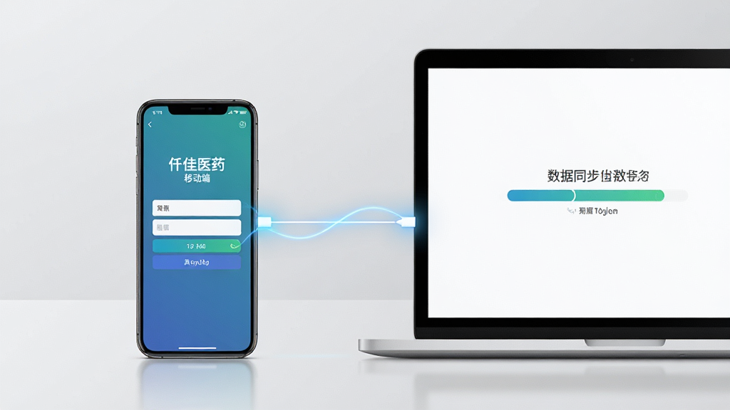 画面中央展示一部智能手机与一台笔记本电脑并排摆放,手机屏幕显示“仟佳医药”移动端登录界面,电脑屏幕显示数据同步进度条,两者之间用一条发光的细线连接表示同步,背景为干净的浅灰色桌面,布局左右并列,风格为科技简约风,细节包括屏幕内容清晰、连接线有光效、桌面无杂物,画质高清,干净,无多余元素