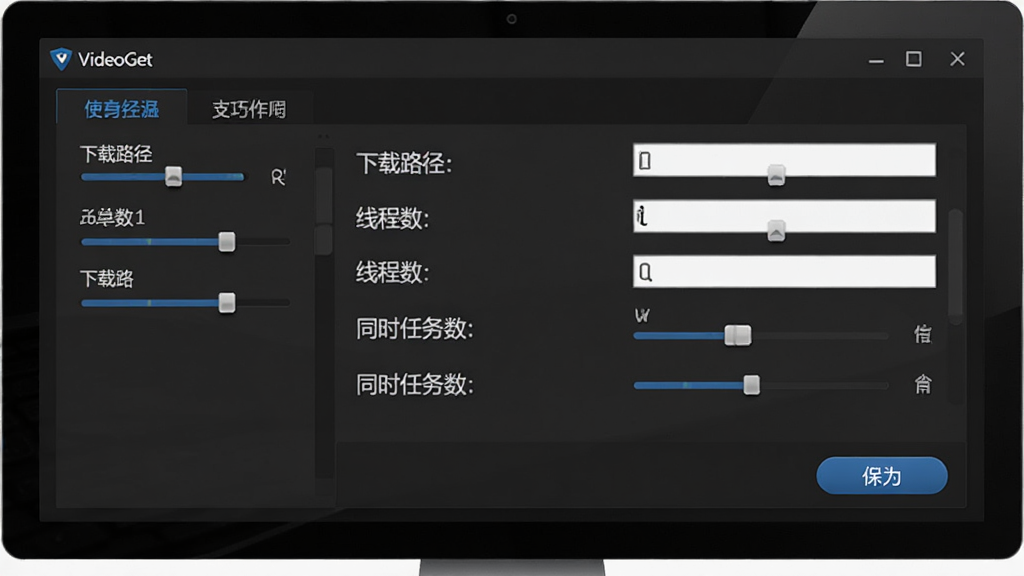 VideoGet使用技巧示意图,主体为电脑屏幕上显示VideoGet的设置面板,布局为左侧选项卡右侧参数调节区域,排版为下载路径、线程数、同时任务数等选项整齐排列,风格为深色专业主题,细节包括滑块控件、输入框、保存按钮,画质为高清,干净无多余元素