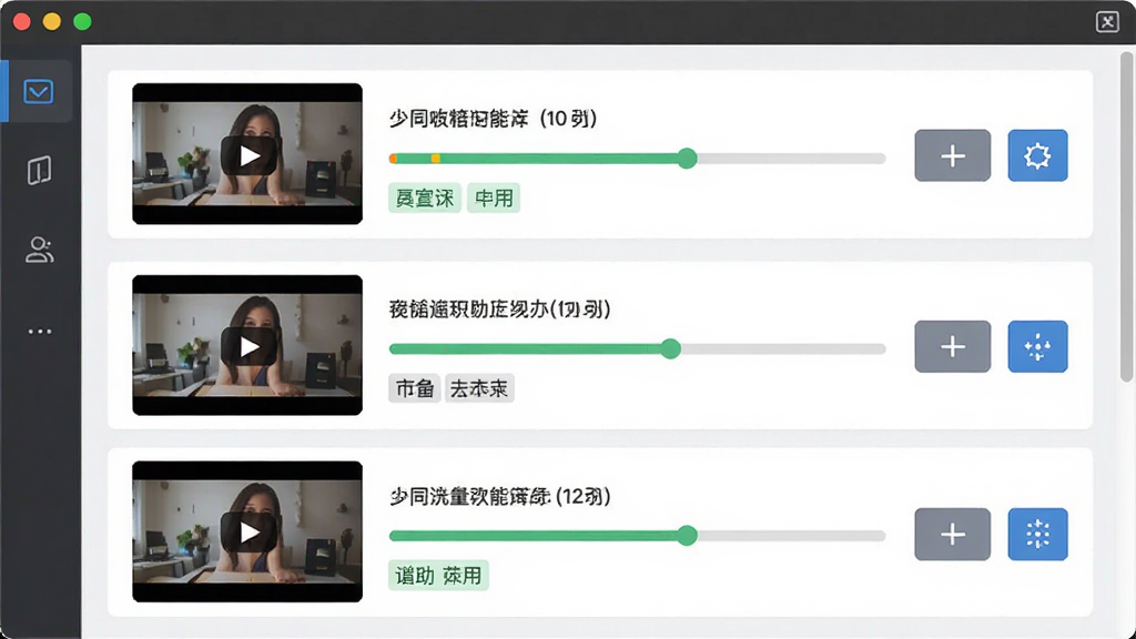 VideoGet批量下载功能展示,主体为软件界面中的下载队列面板,布局为纵向列表展示多个视频任务卡片,排版为每个卡片包含缩略图、文件名、进度条和操作按钮,风格为扁平化设计,细节包括彩色进度指示、任务状态标签、简洁的图标按钮,画质为高清,干净无多余元素